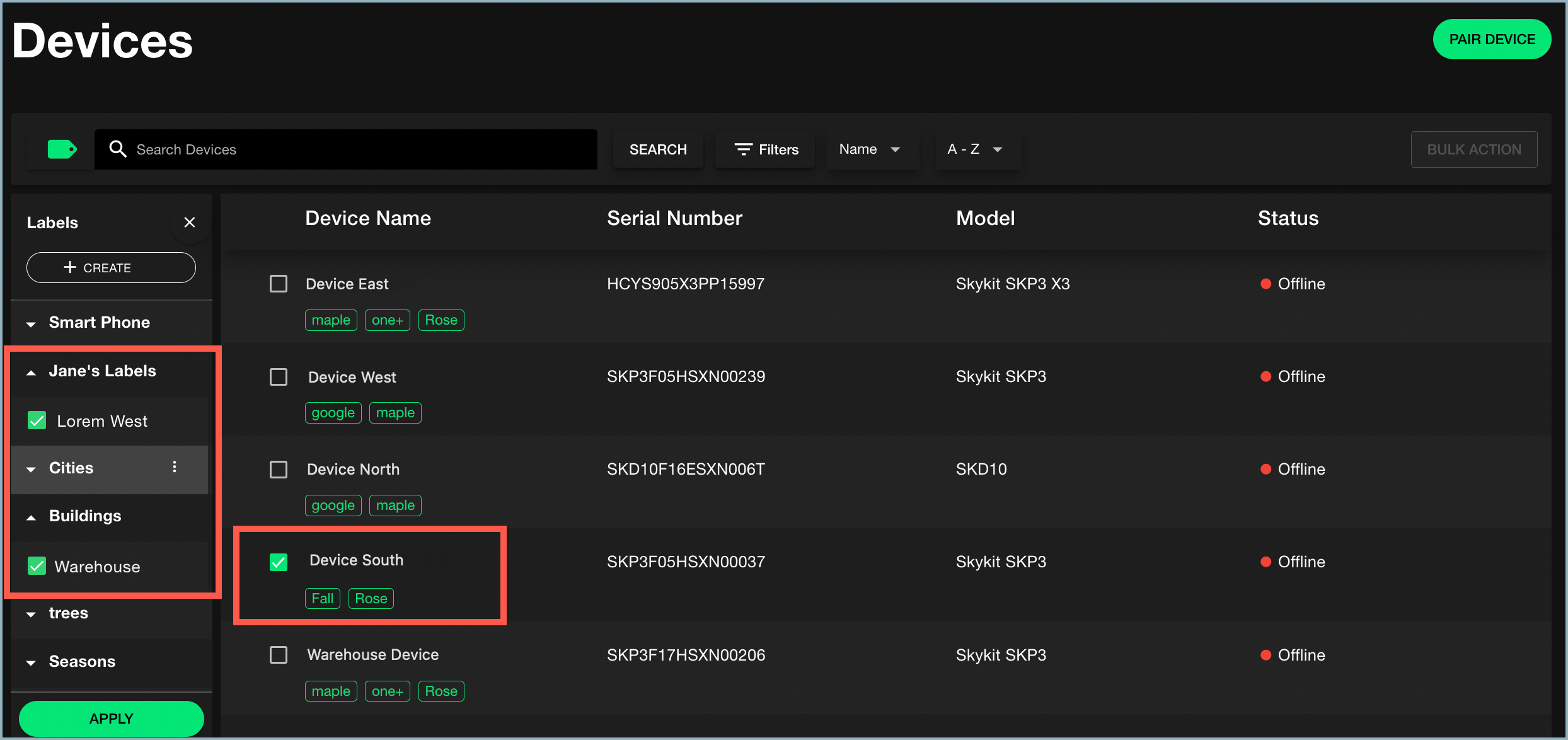 Devices window showing selected labels