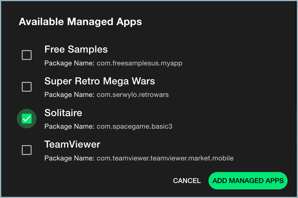 Available Managed Apps window - apps selected