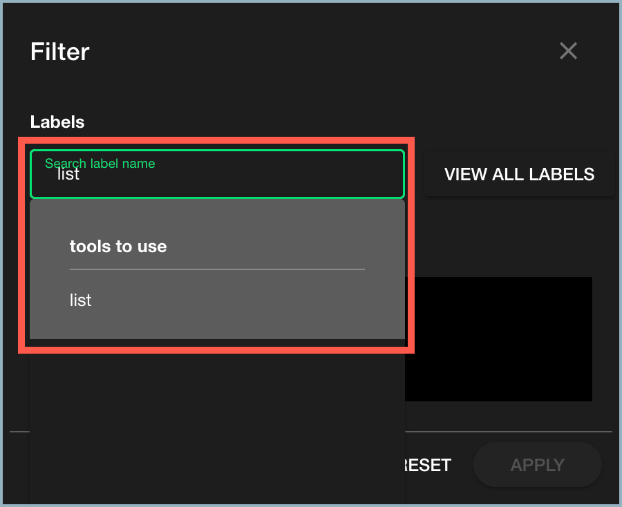 Filter window - search option highlighted