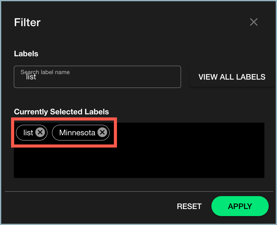 Filter window showing labels selected