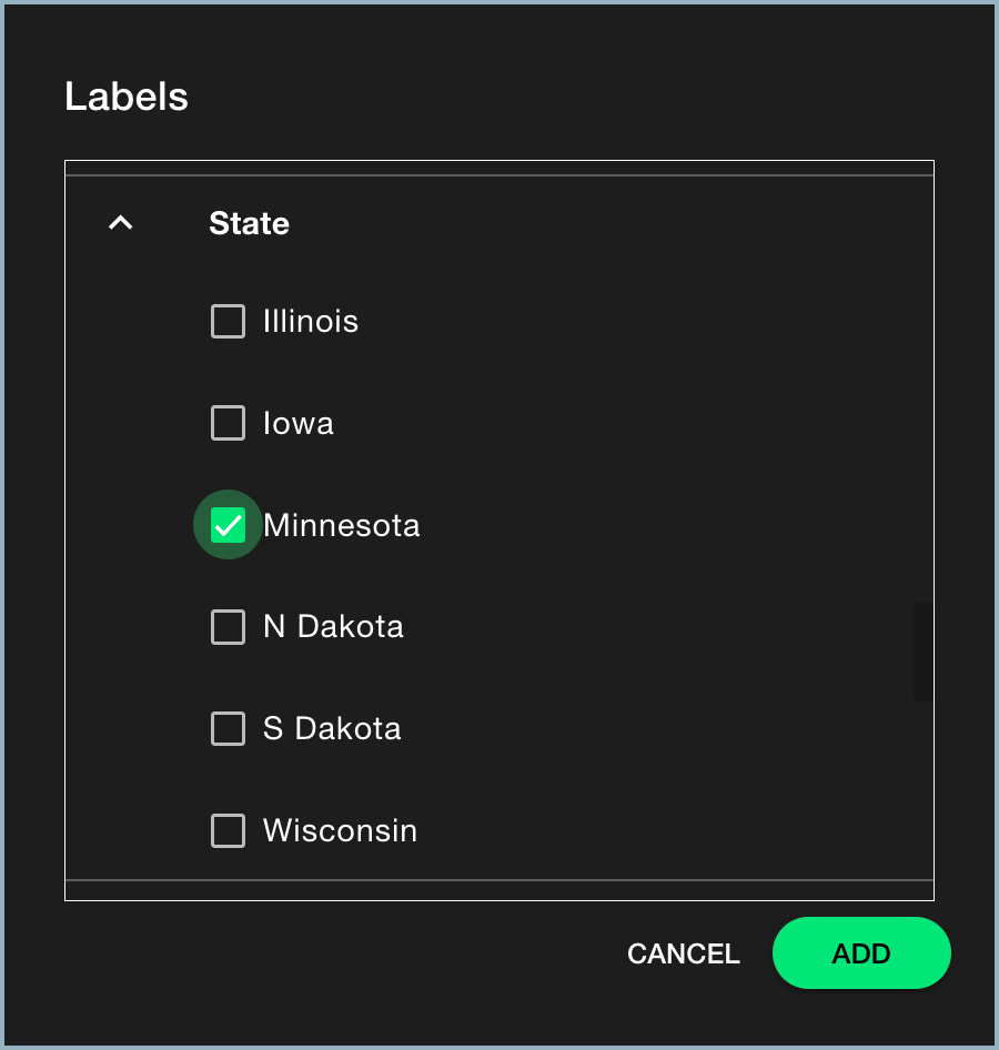 Filter window - View All Labels option showing labels checked