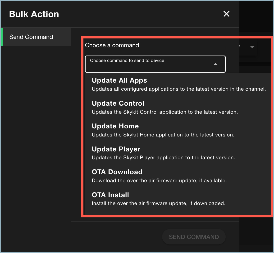 Bulk Action window - command drop-down highlighted