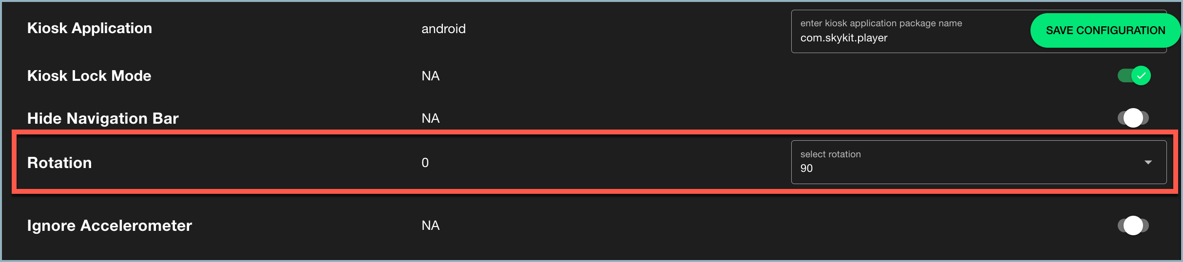 Control Device Configuration - Rotation setting highlighted