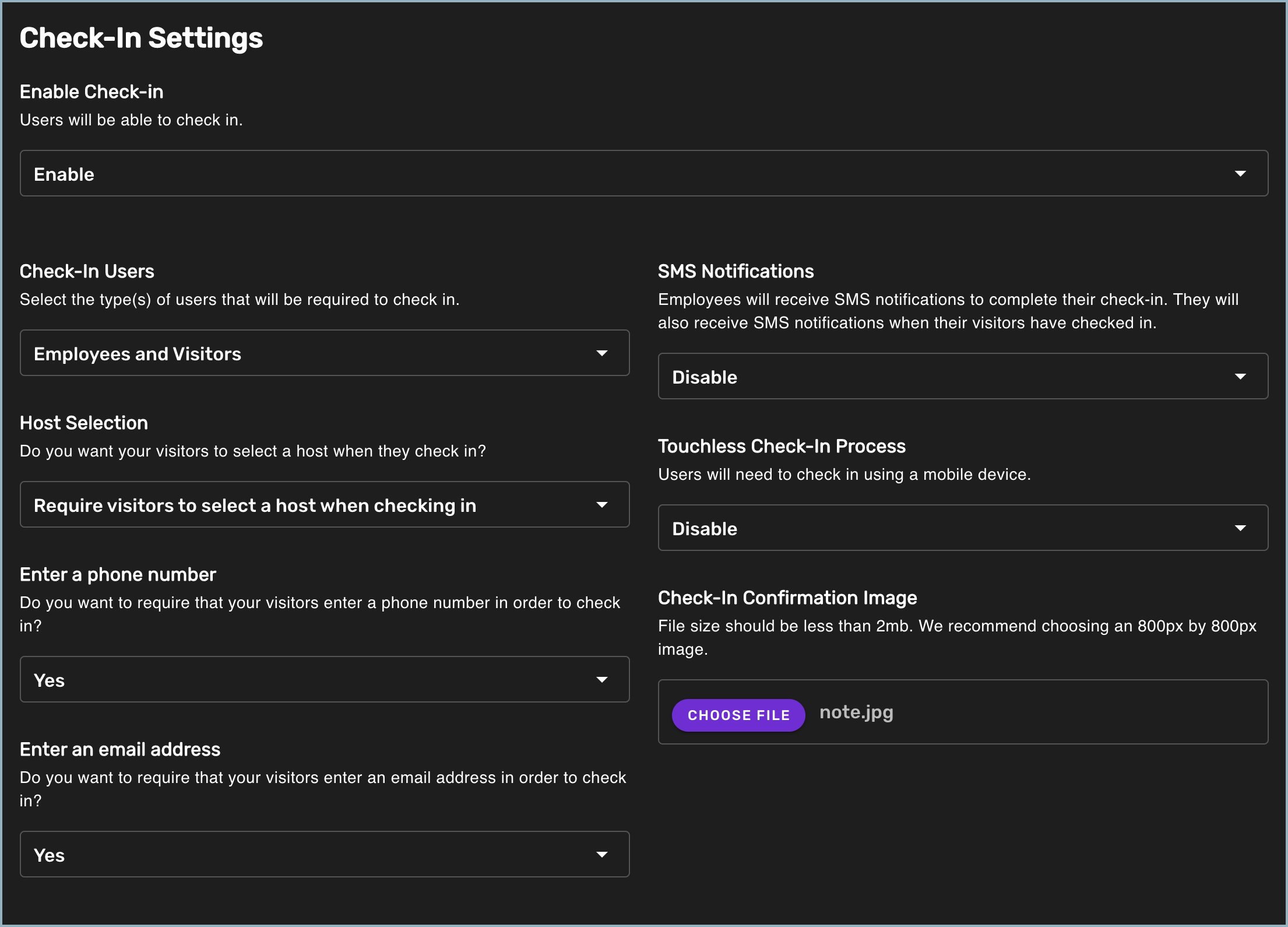 Settings window - Check-In Settings section