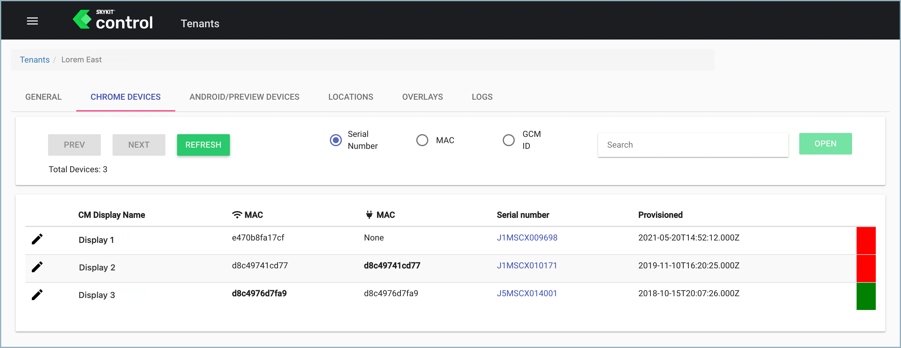 Tenants window - Managed Devices tab