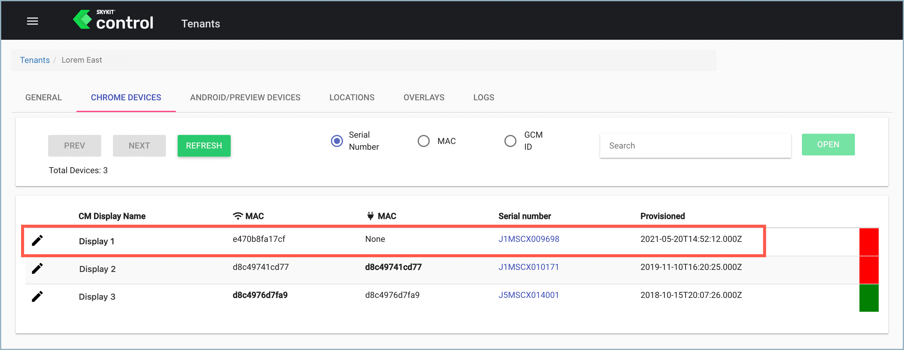 Managed Devices tab - device selected