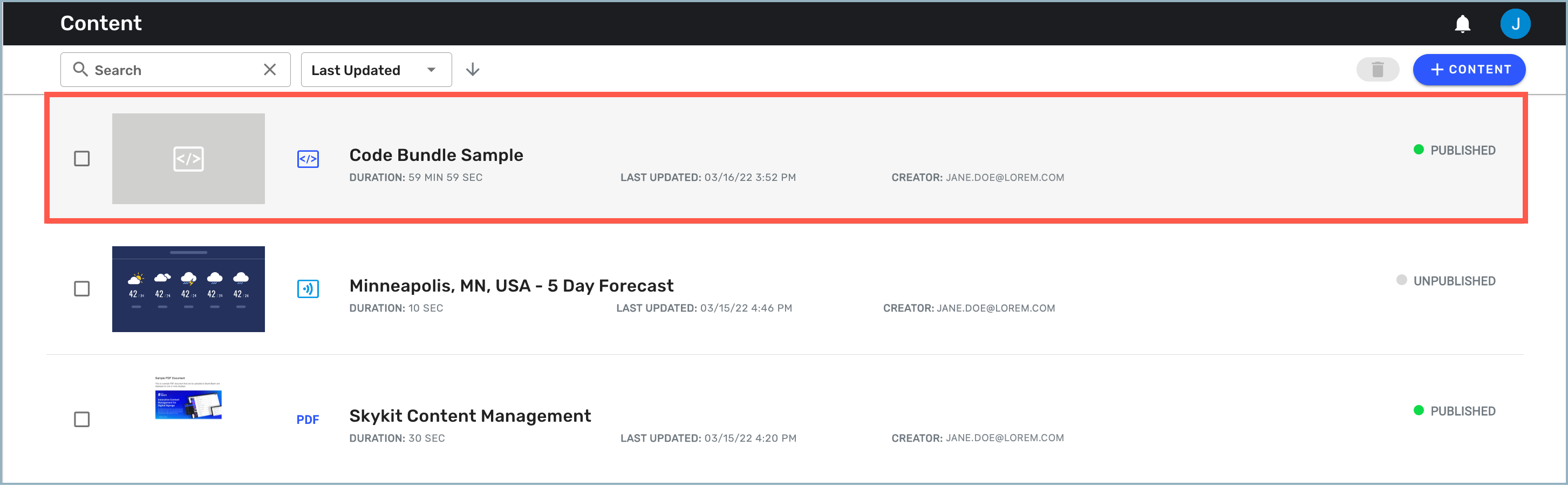 Content window - Code Bundle highlighted