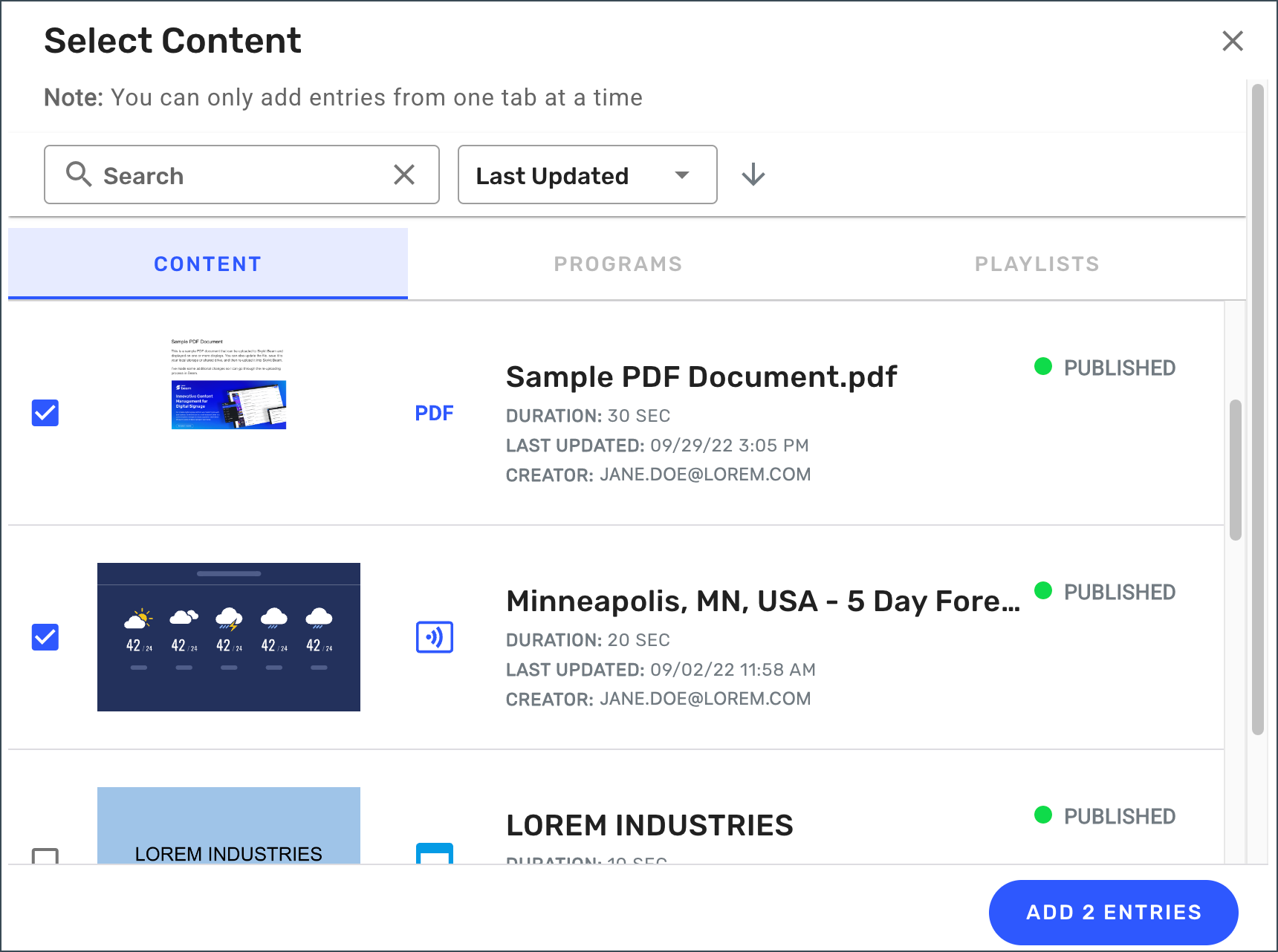 Select Content window - content items selected