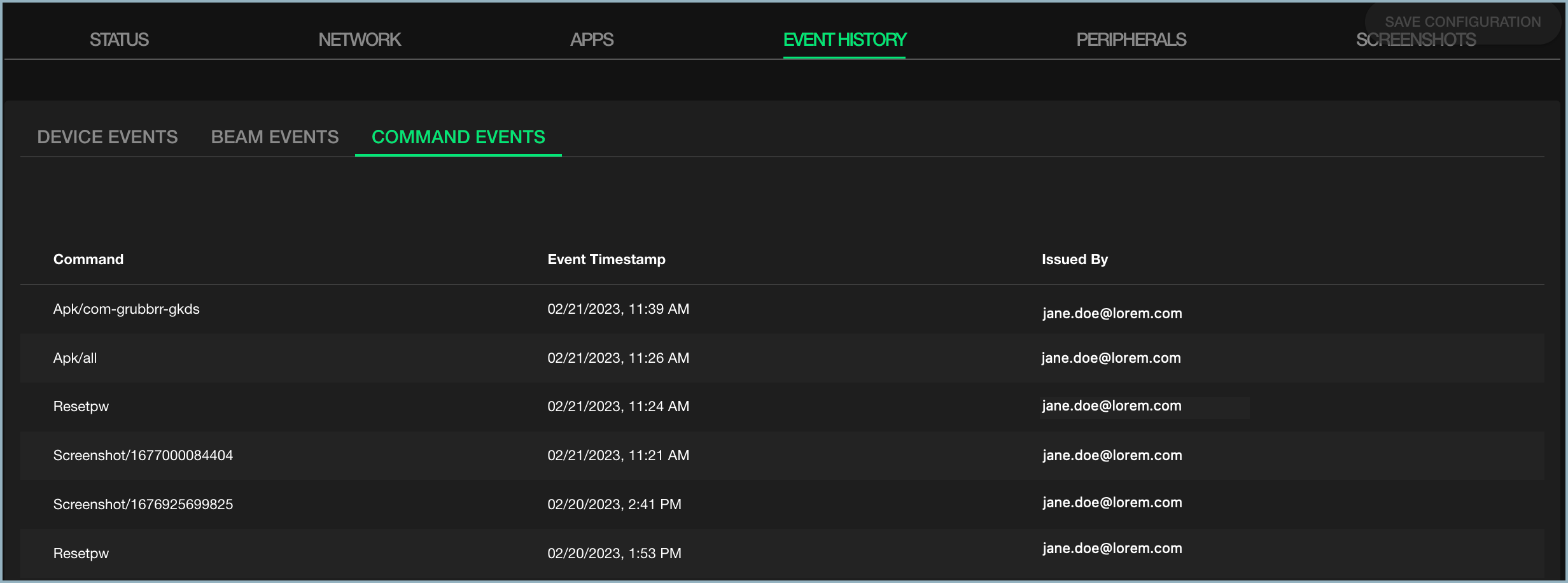 Event History tab - Command Events selected