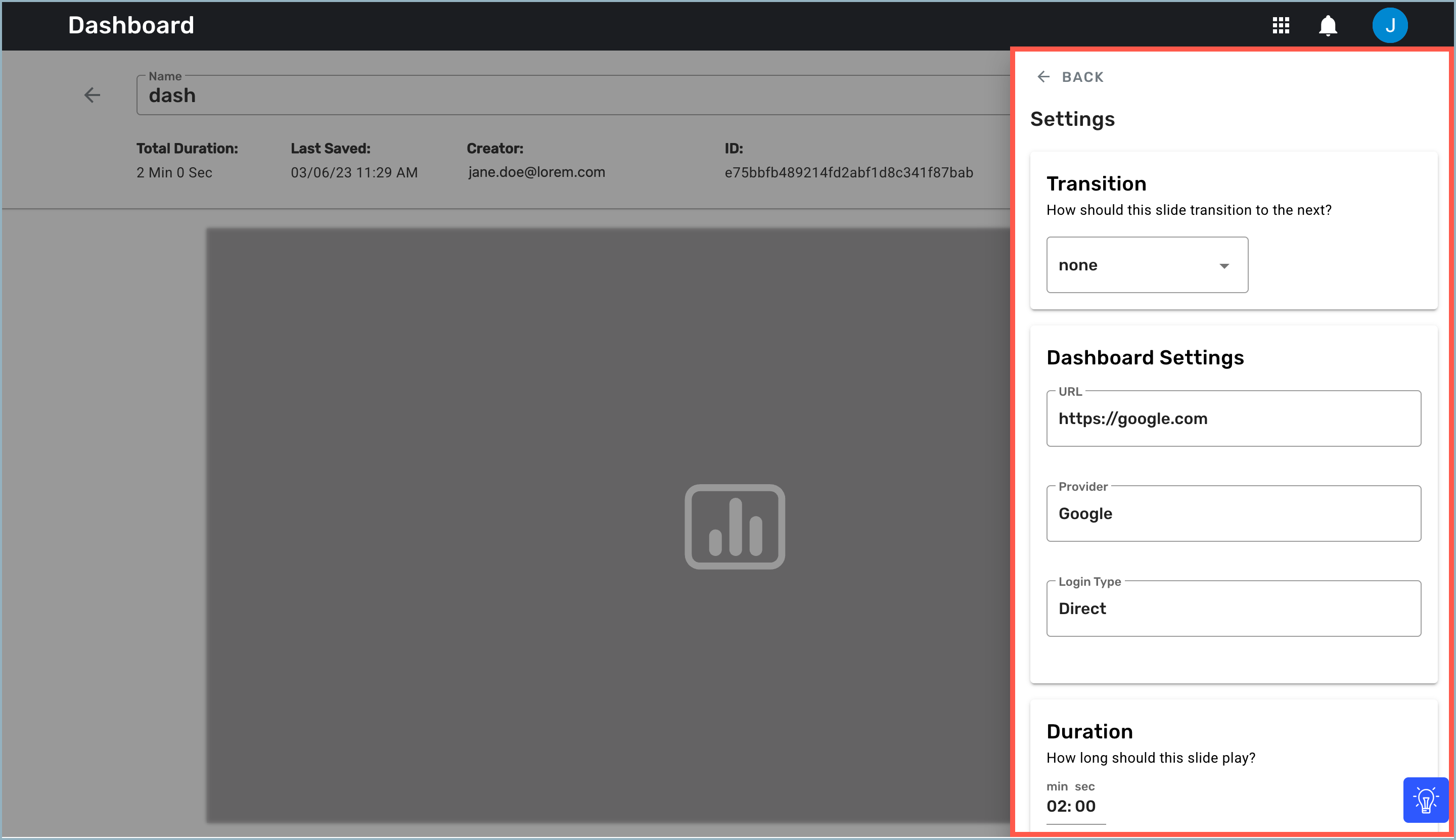 Dashboards - Settings drawer