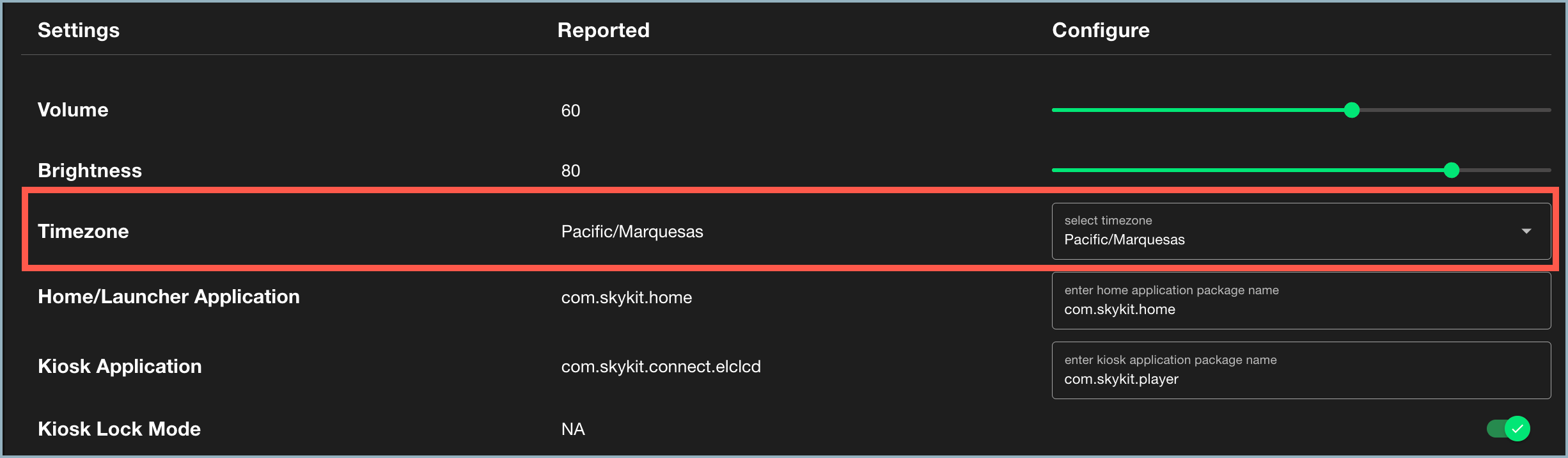 Detail window - Timezone setting highlighted