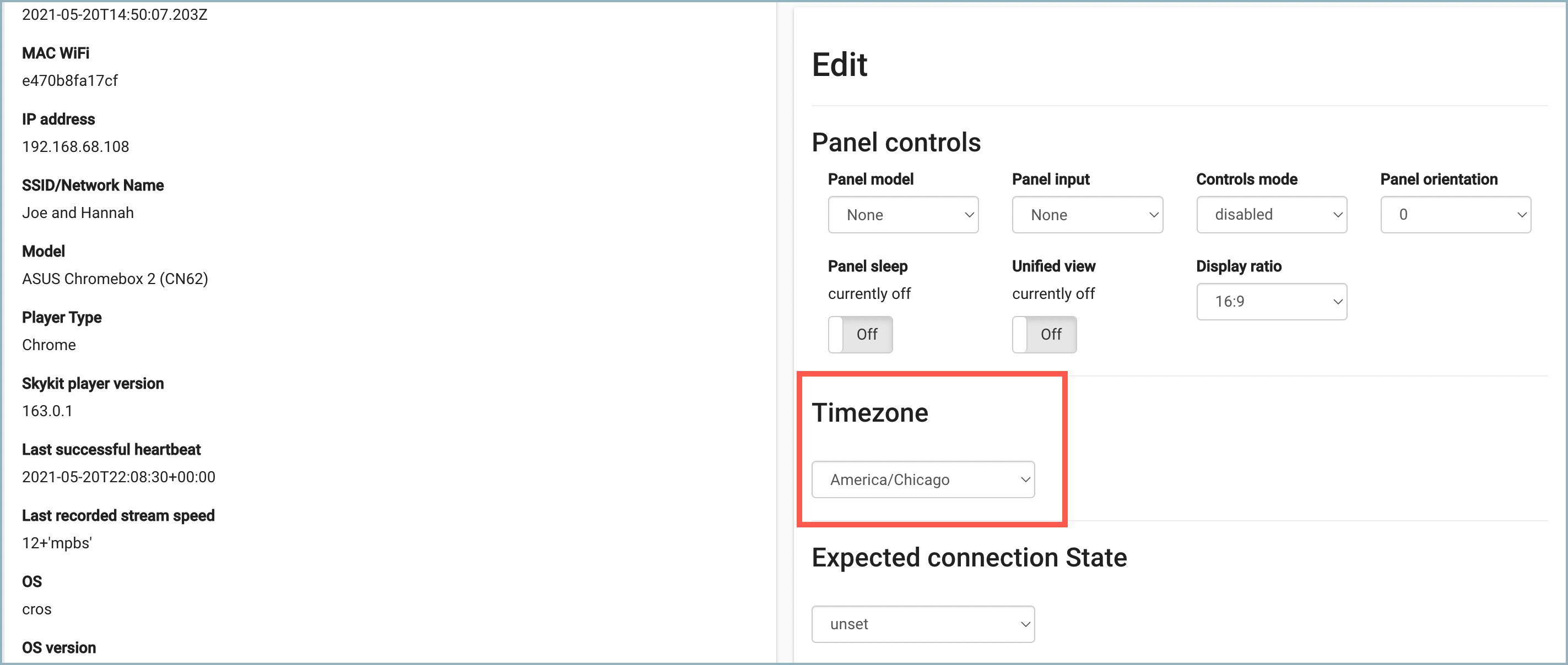 Device detail window - Timezone field highlighted