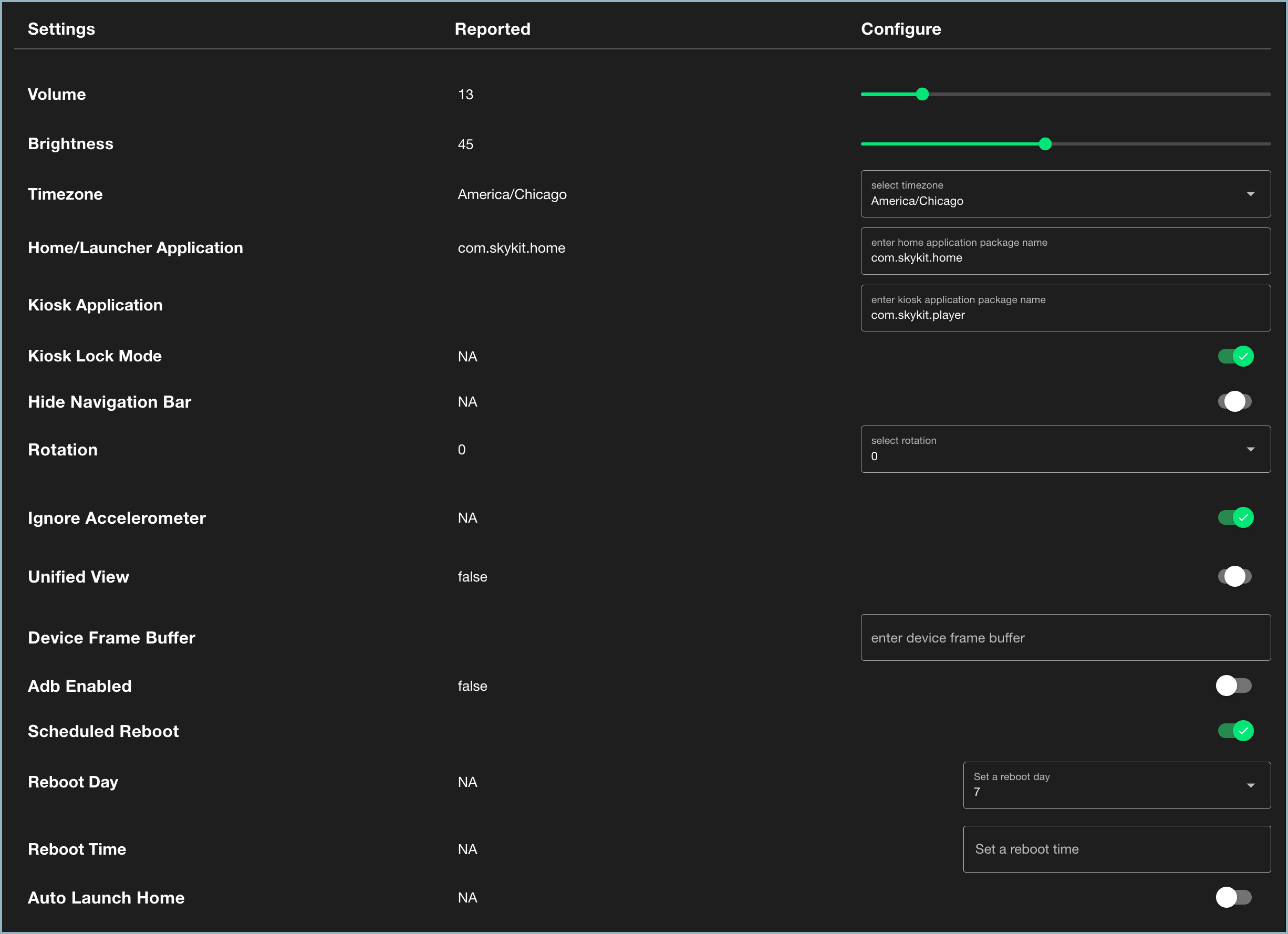 Status tab - Settings section