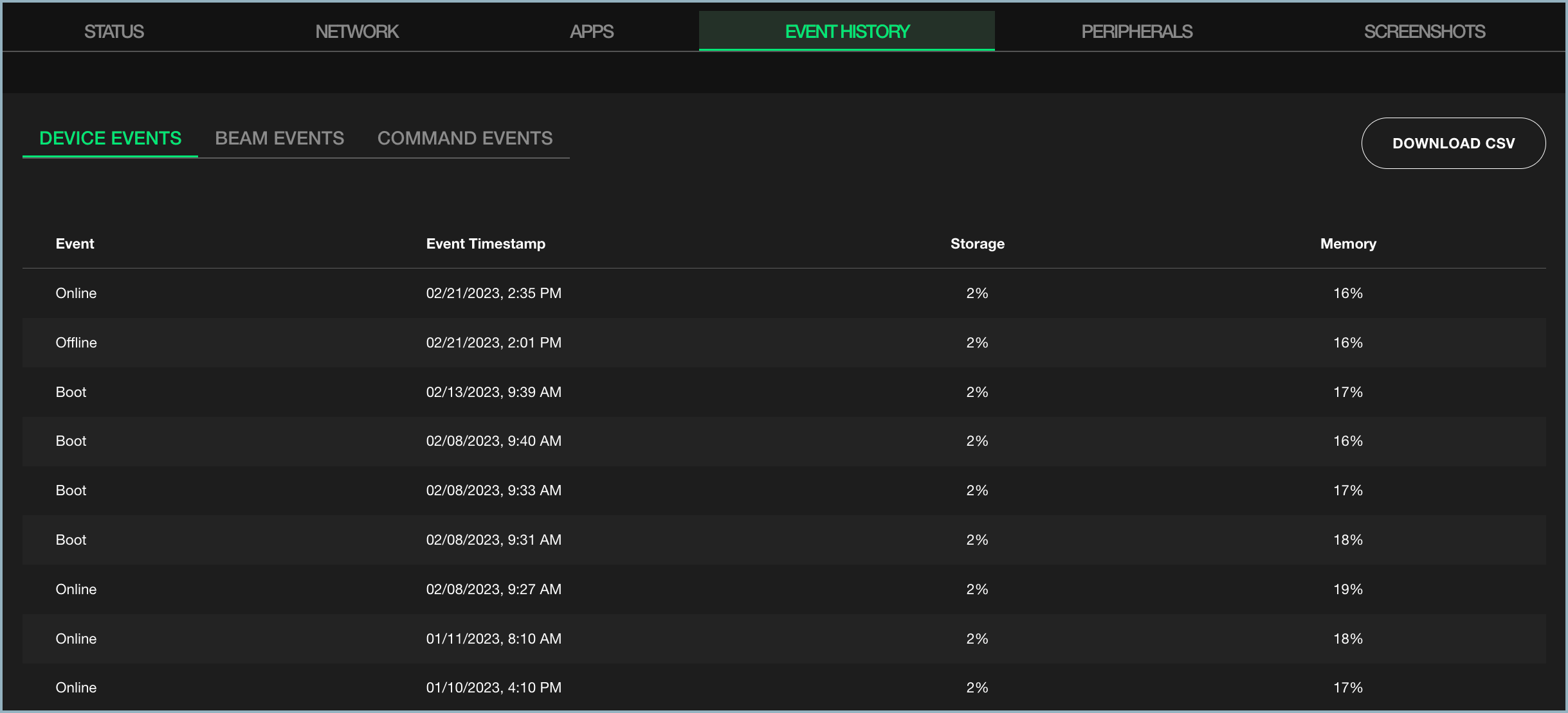 Event History tab - Device Events selected