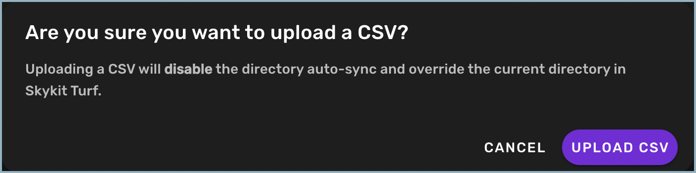 Upload CSV confirmation window