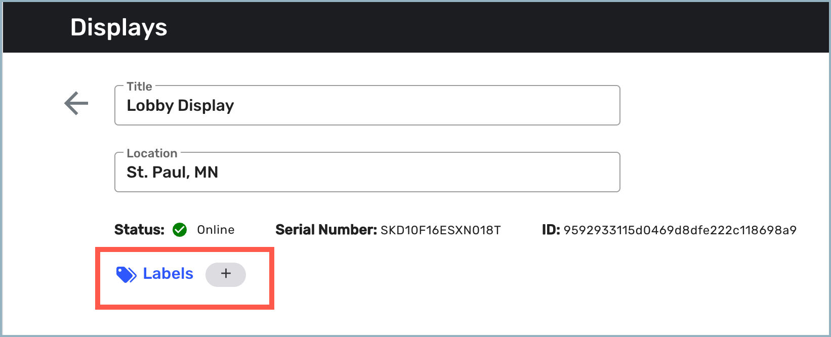 Displays window - Labels link highlighted