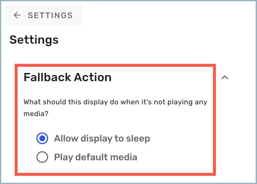 Settings drawer - Fallback Action section highlighted
