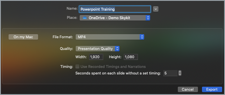 Export file to video - File Format set to MP4