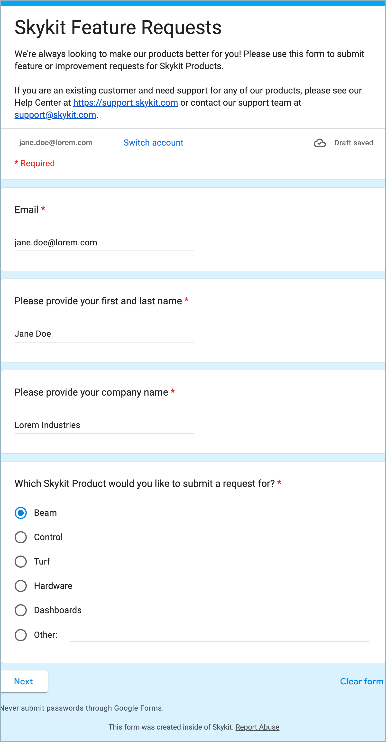 Features Request form - page 1