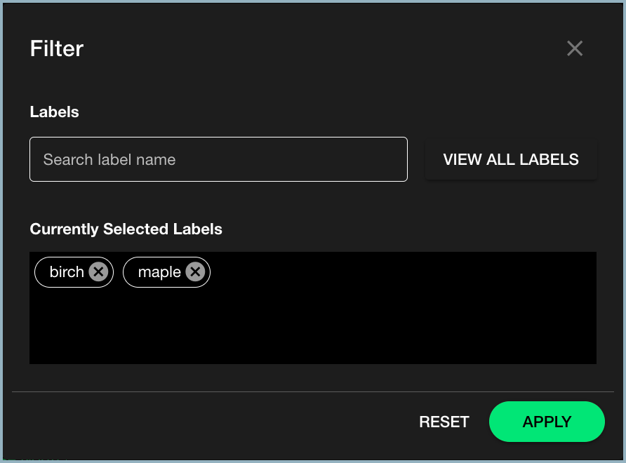 Filter window showing selected labels