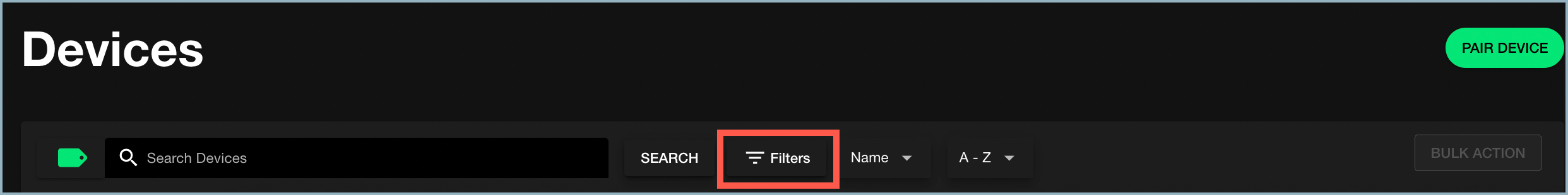 Devices window - Filters button highlighted