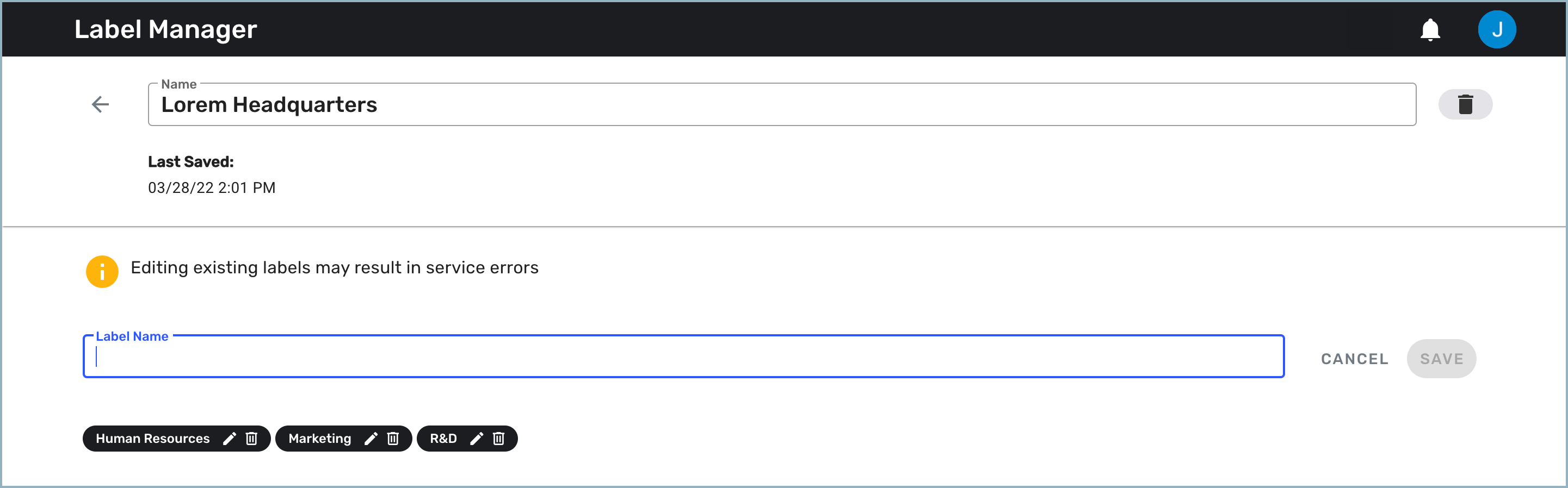 Label Manager window showing specific labels