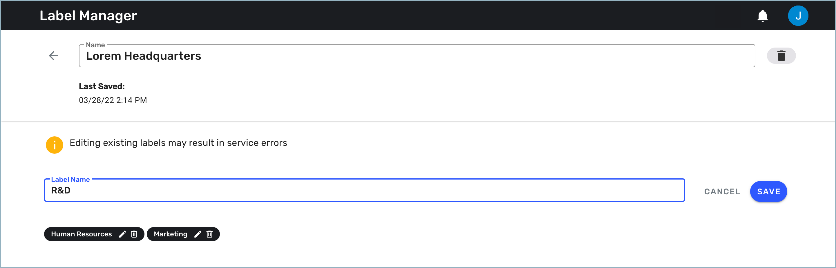 Label Manager window showing newly created labels