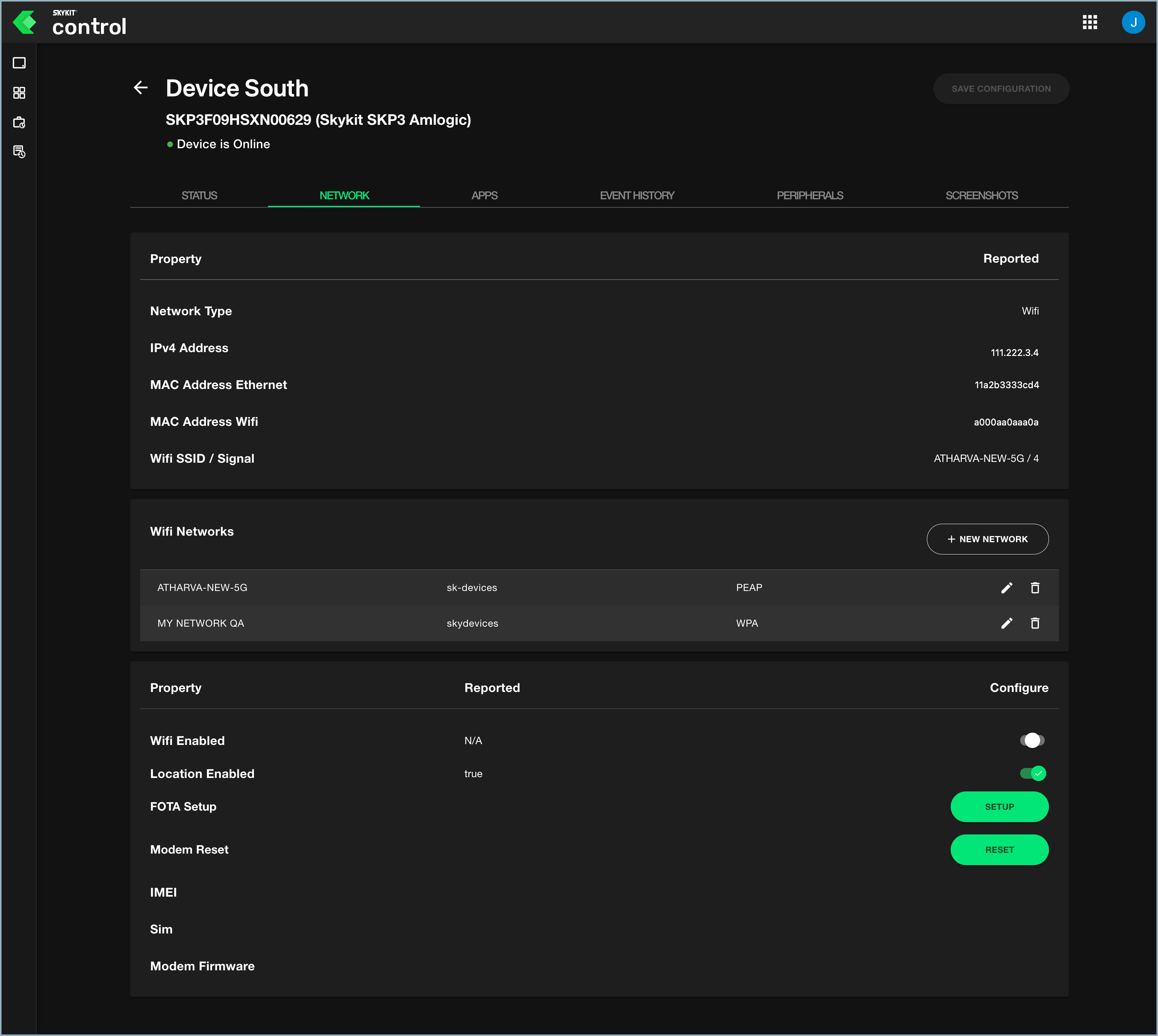 Device details - Network tab