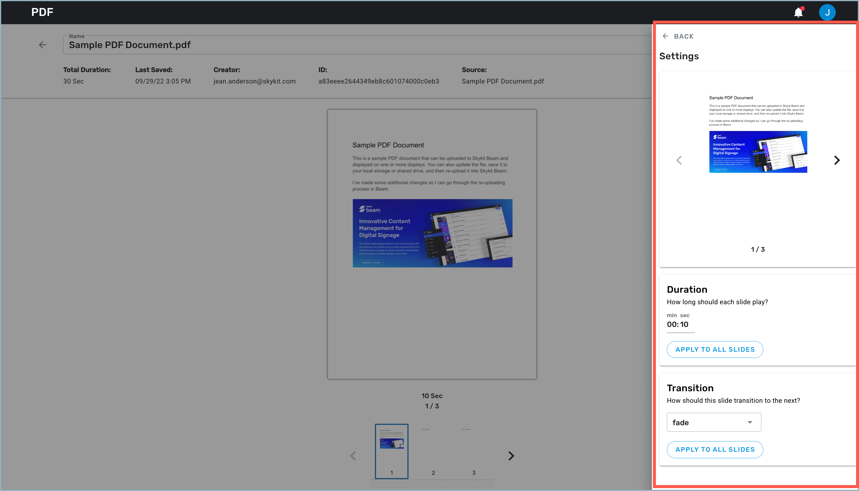 PDF Settings drawer