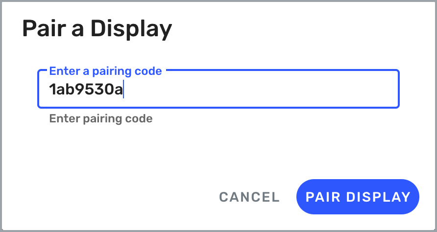 Pair a Display window with pairing code entered