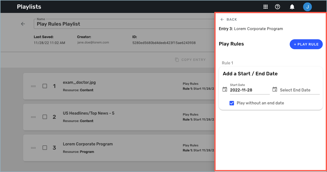 Playlists detail window - Play Rules drawer