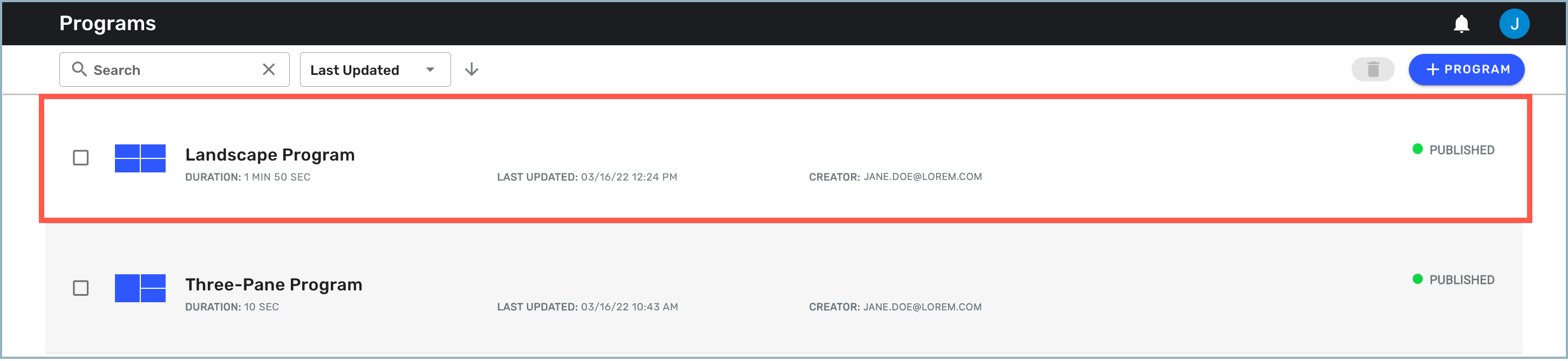 Program Detail window - new program highlighted