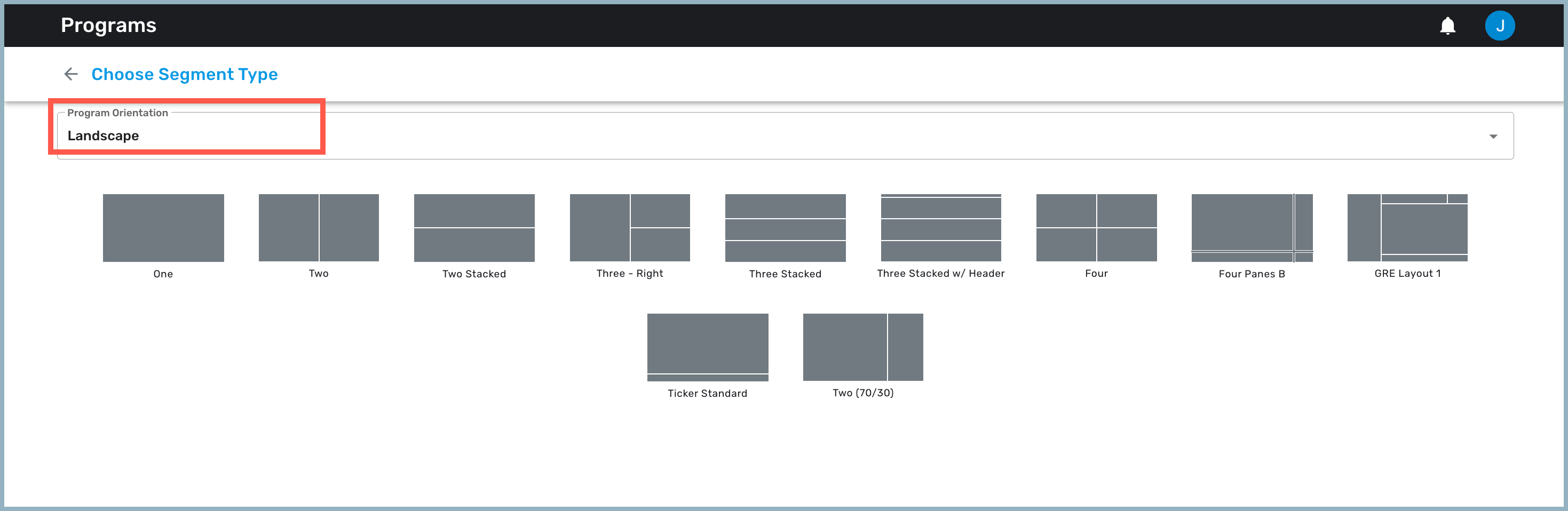 Choose Segment Type window - Landscape orientation highlighted