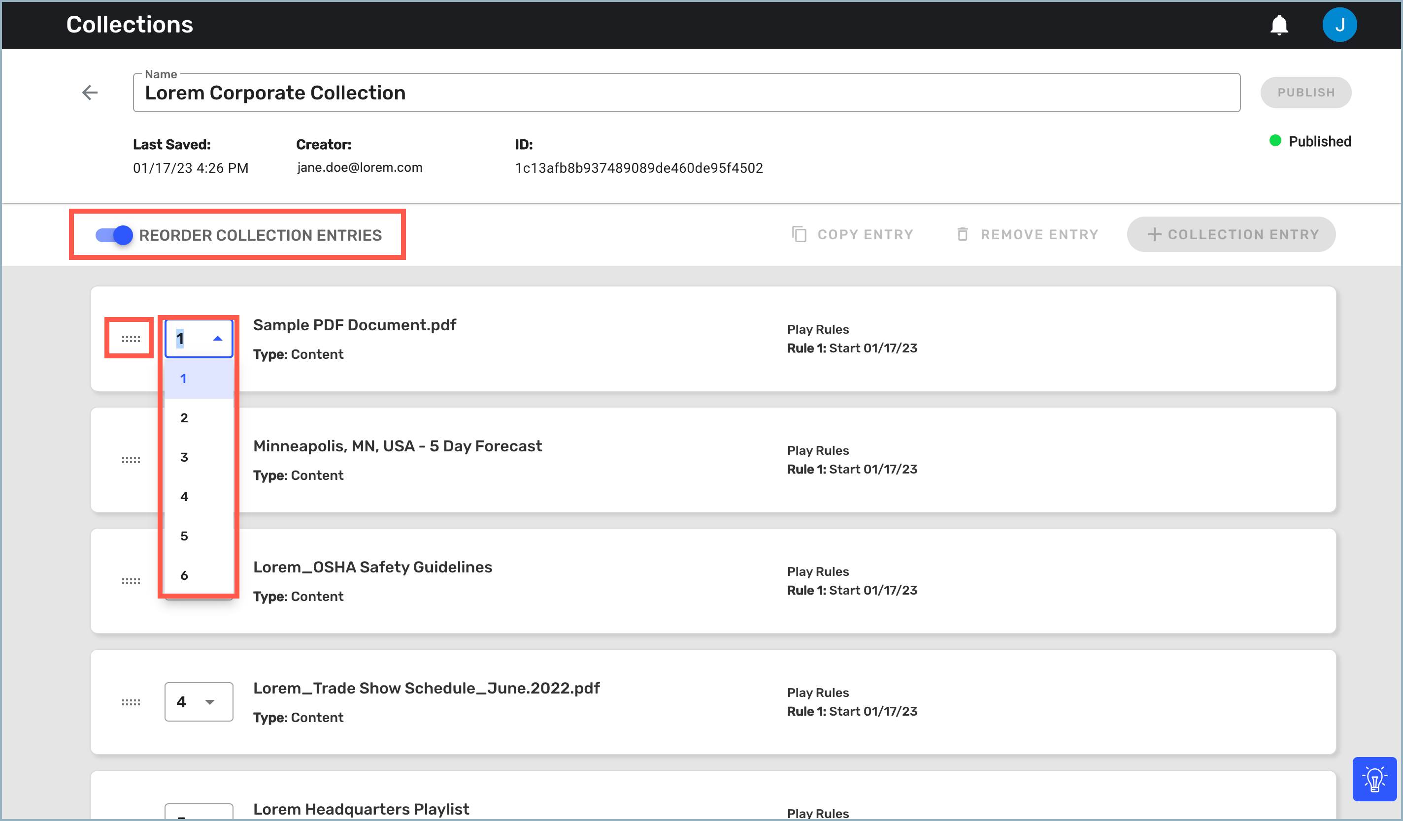 Collections detail window - Reorder toggle and drop-down list highlighted