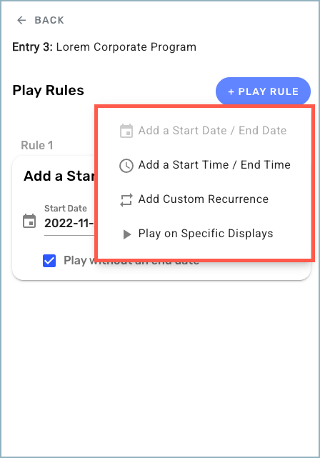 Play Rules drawer - available play rules listed