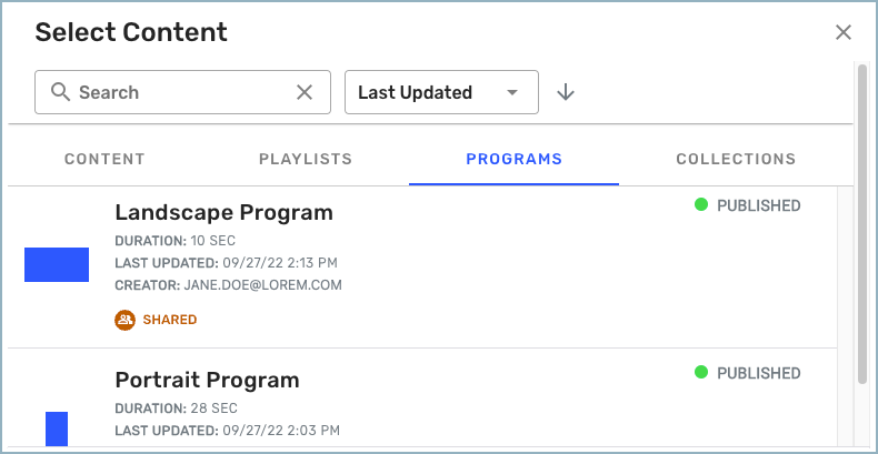 Select Content window - shared program highlighted