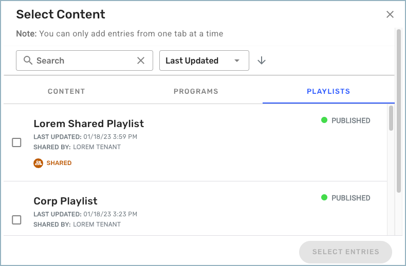 Collections - Select Content window showing shared playlists