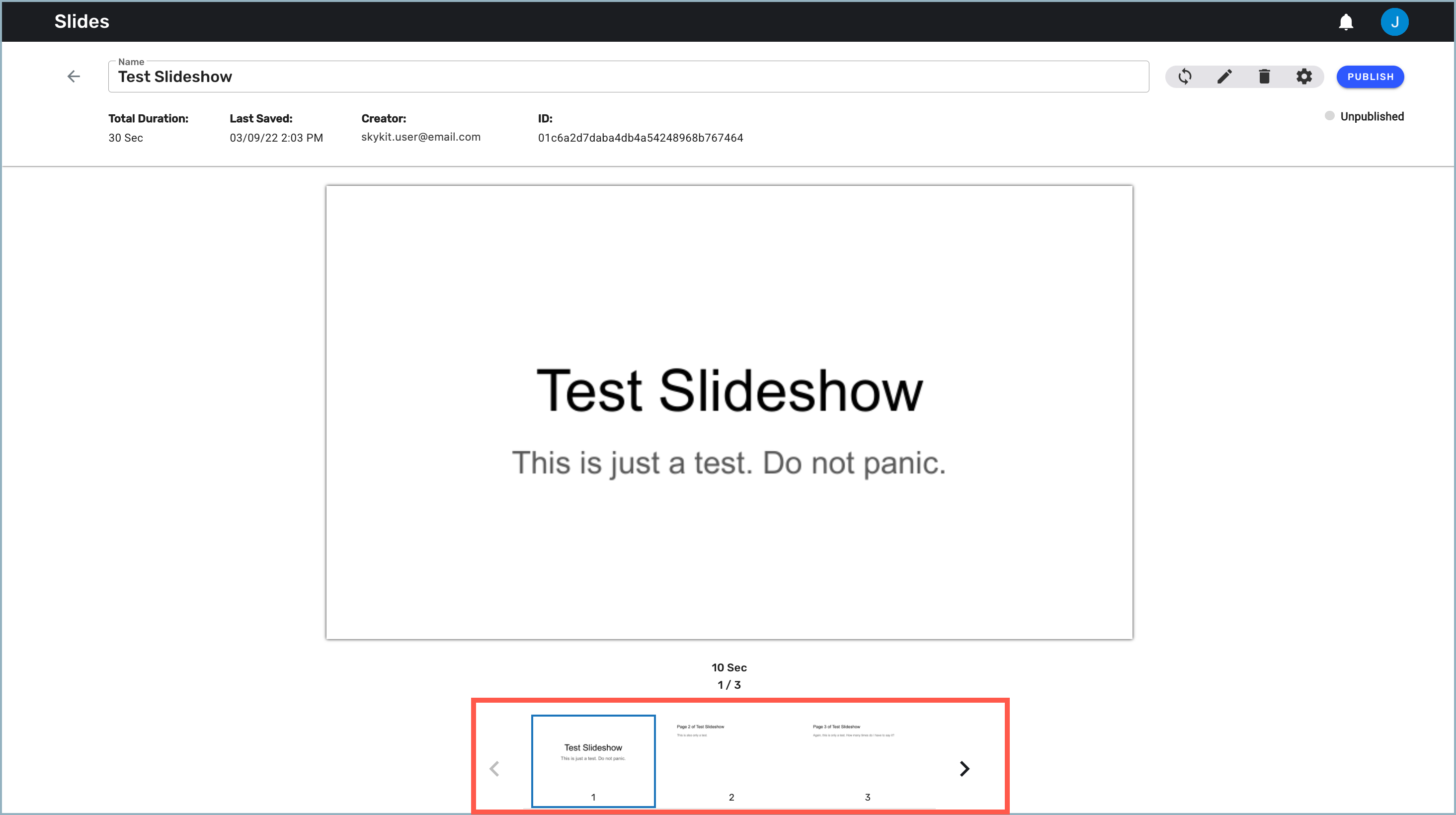 Slides content window - slide preview highlighted