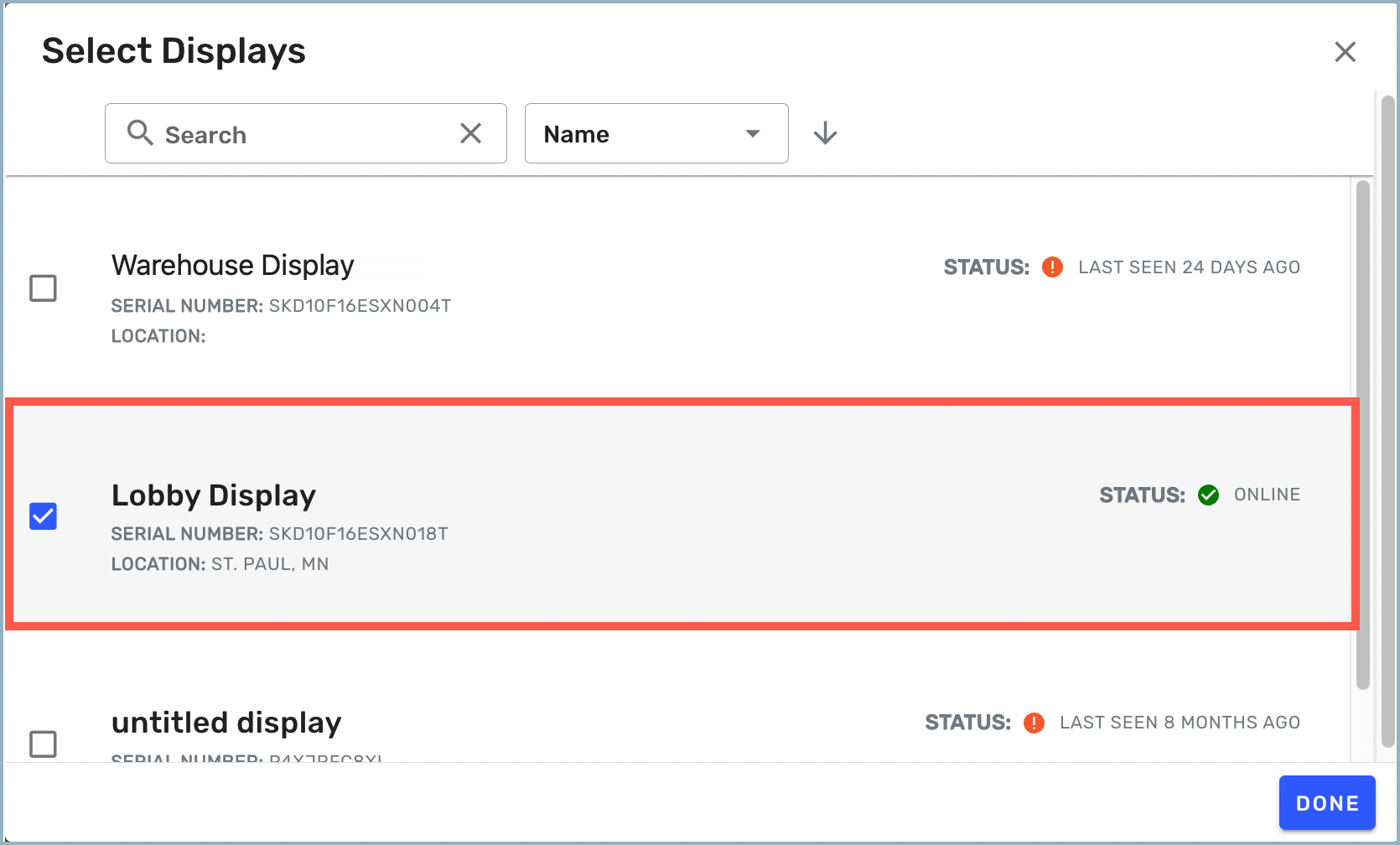 Select Displays window - Lobby Display checked and highlighted