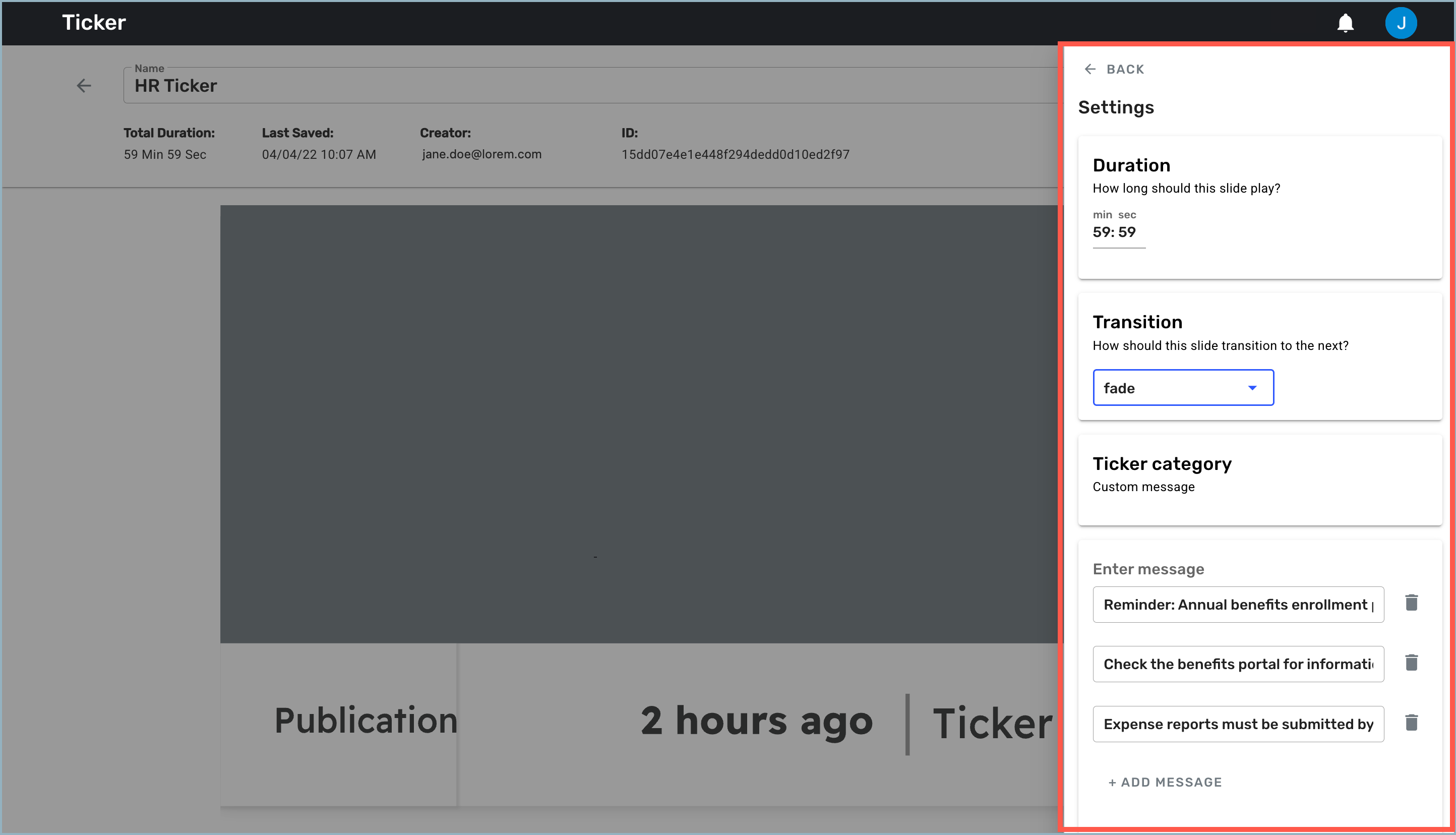 Content Ticker settings drawer