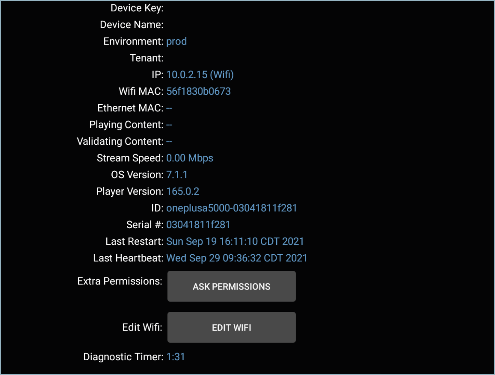 Diagnostics screen - Edit Wifi button showing