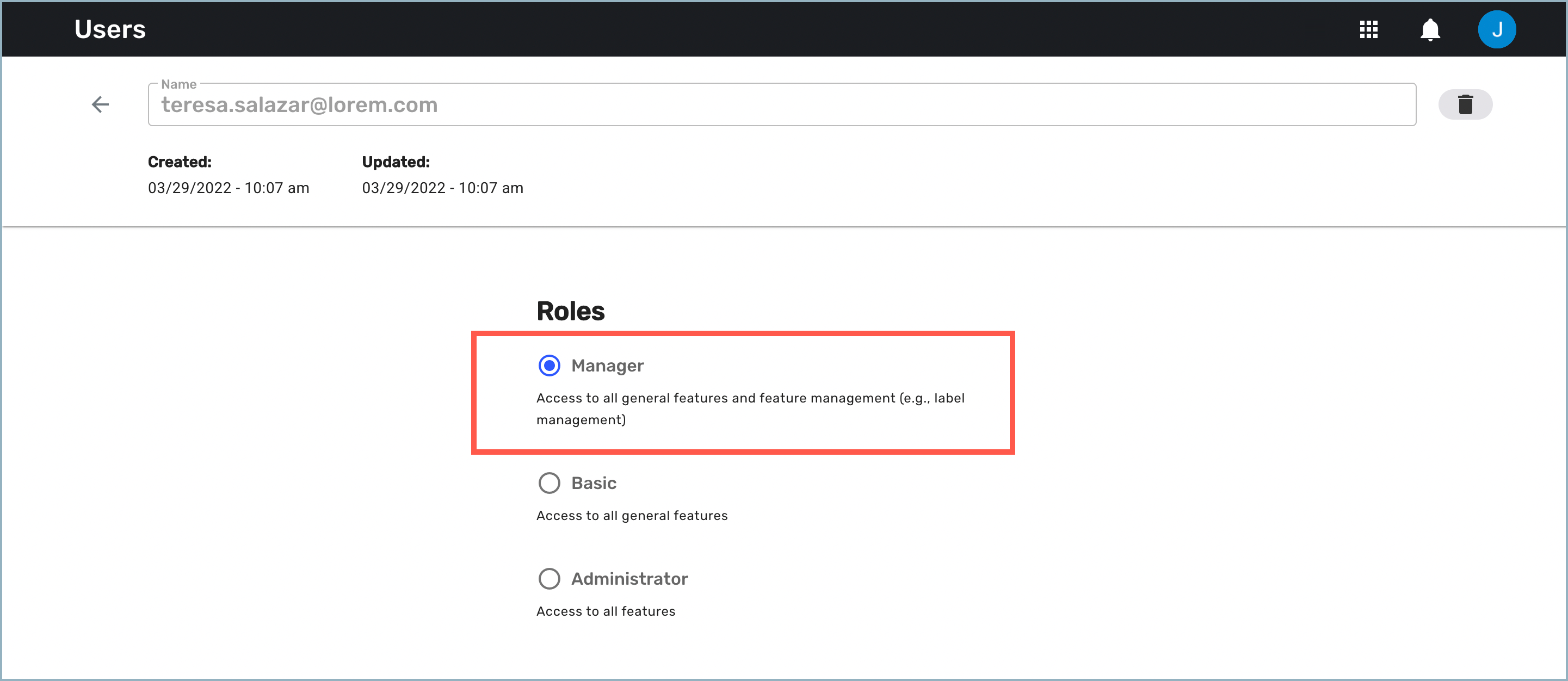 Users detail window - new user assigned manager role