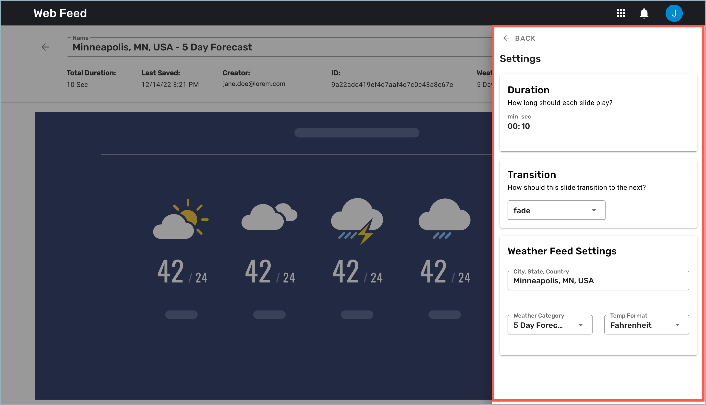 Web Feed Settings drawer highlighted