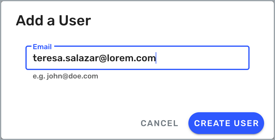 Add a User window showing new user email address
