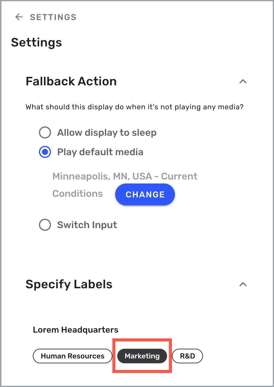 Settings drawer - Marketing label selected