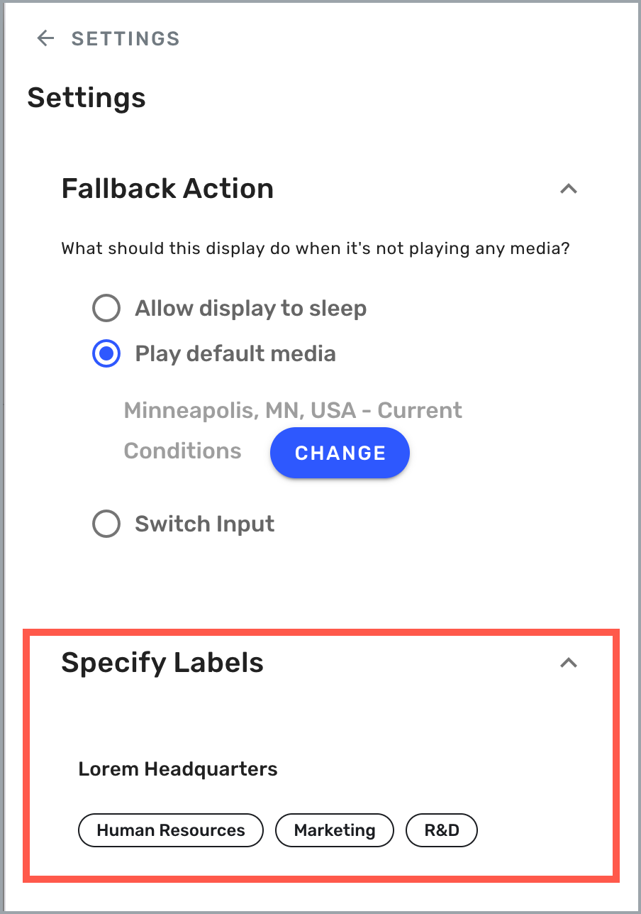 Settings drawer - available labels highlighted