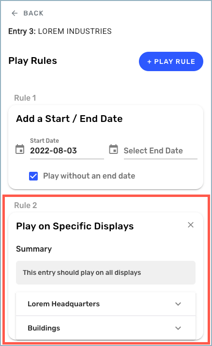 Play rule added - Play on Specific Displays