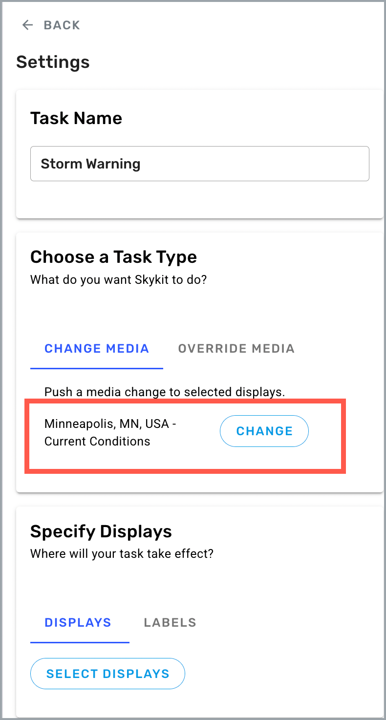 Tasks Settings drawer showing new content listed under Change Media