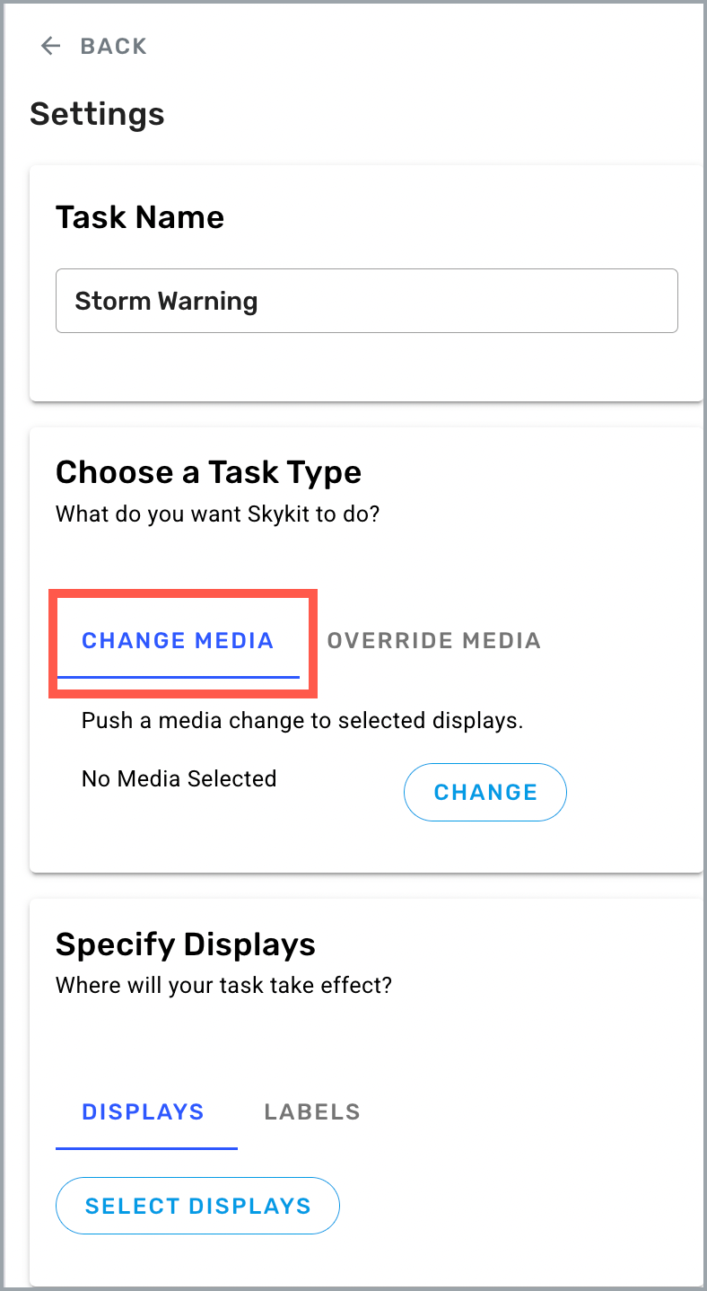 Tasks Settings drawer - Change Media tab highlighted