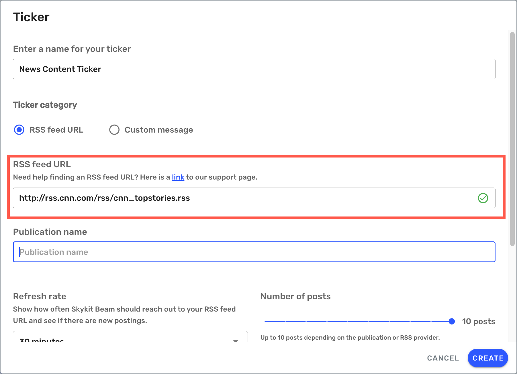 Ticker settings - RSS feed URL highlighted